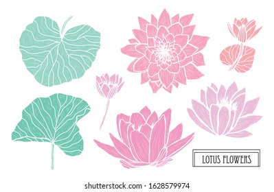 Decorative hand drawn lotus flowers set, design elements. Can be used for cards, invitations, banners, posters, print design. Floral background in line art style