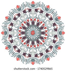 Decorative hand drawn mandala background. Ethnic Floral Design. Can be used for cards, invitations, banners, posters, print design. Burgundy and light green colors on a white isolated background