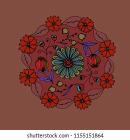 Decorative hand drawn mandala with different flowers, anti stress therapy pattern, red and brown colors. Vector illustration