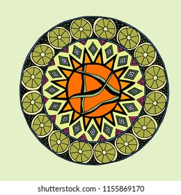 Decorative hand drawn mandala with different geometrical elements, anti stress therapy pattern, green and orange colors. Vector