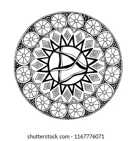 Decorative hand drawn mandala with different geometrical elements, anti stress therapy pattern, black color. Vector illustration