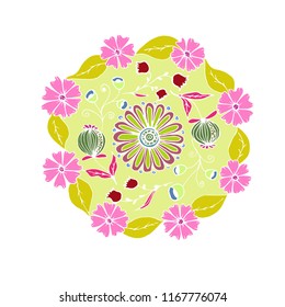 Decorative hand drawn mandala with different flowers, anti stress therapy pattern, pink and green colors without outline. Vector illustration