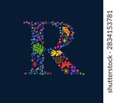 Decorative hand drawn marine vector composition with coral branches, reef inspired botanical shapes, circular sea motifs and small organic elements. Letter R layout in a coordinated editable color palette for coastal graphics, stationery, textile, packaging and surface design.