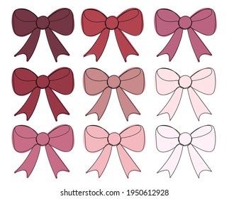 Decorative hand drawn one line bows set. Pink, red colors. Vector illustration isolated on a white bacground.