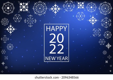 Decorative hand drawn openwork snowflakes on a blue background. Beautiful Christmas and Happy New Year vector banner with copy space. 