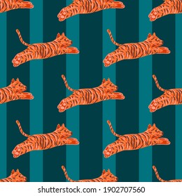 Decorative hand drawn orange tiger seamless element pattern. Navy blue striped background. Flat vector print for textile, fabric, gift wrap, wallpapers. Endless illustration.