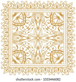Decorative hand drawn ornament on a white background, symmetric pattern with doodle lace frame. Tribal ethnic mandala decor. Bandana shawl, tablecloth fabric print, silk neck scarf, kerchief design