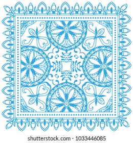 Decorative hand drawn ornament on a white background, symmetric pattern with doodle lace frame. Tribal ethnic mandala decor. Bandana shawl, tablecloth fabric print, silk neck scarf, kerchief design