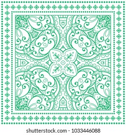 Decorative hand drawn ornament on a white background, symmetric pattern with doodle lace frame. Tribal ethnic mandala decor. Bandana shawl, tablecloth fabric print, silk neck scarf, kerchief design