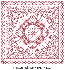 Decorative hand drawn ornament on a white background, symmetric pattern with doodle lace frame. Tribal ethnic mandala decor. Bandana shawl, tablecloth fabric print, silk neck scarf, kerchief design