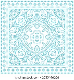 Decorative hand drawn ornament on a white background, symmetric pattern with doodle lace frame. Tribal ethnic mandala decor. Bandana shawl, tablecloth fabric print, silk neck scarf, kerchief design