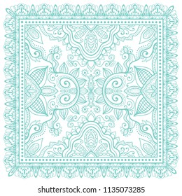 Decorative hand drawn ornament on a white background, symmetric pattern with doodle lace frame. Tribal ethnic mandala decor. Bandana shawl, tablecloth fabric print, silk neck scarf, kerchief design