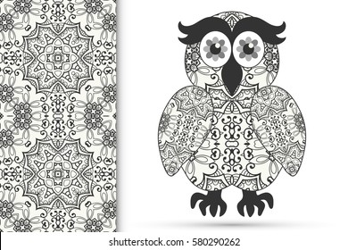 Decorative hand drawn owl bird and seamless sketch pattern with geometric repeating texture. Isolated element for t-shirt print, invitation card design, tattoo. Zen doodle art for coloring book page