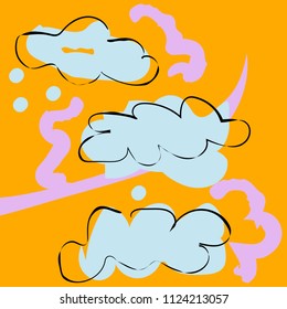 Decorative hand drawn pastel background with colorful drops and blue clouds. Sunset, yellow sky.