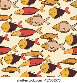 Decorative hand drawn pattern with funny fish. Seamless marine background. Fabric texture
