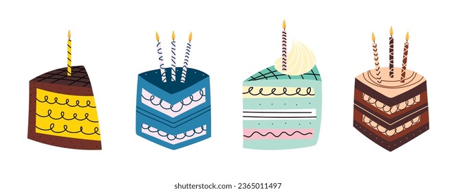 Decorative hand drawn pieces of Birthday cakes with candles on a white background. Slises of cakes. Vector for postcards, stickers, label, logo and etc.