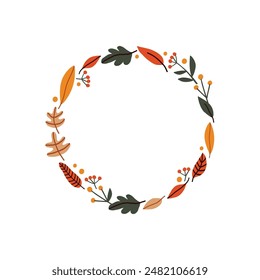 Decorative hand drawn round frame with vector fall season leaves and berries. Autumn cartoon illustration with text space. Postcard, wedding invitation design, t shirt, mug, print.