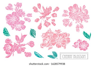Decorative hand drawn sakura flowers set, design elements. Can be used for cards, invitations, banners, posters, print design. Floral background in line art style