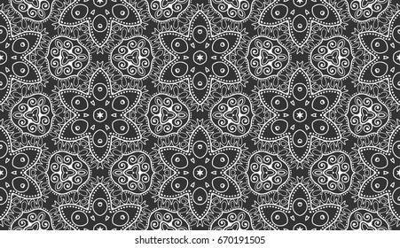 Decorative hand drawn seamless lace pattern. Abstract floral geometric background, doodle artistic pattern. Tribal ethnic arabic, indian ornament. Textile fabric or paper print. Black and white