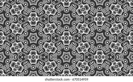 Decorative hand drawn seamless lace pattern. Abstract floral geometric background, doodle artistic pattern. Tribal ethnic arabic, indian ornament. Textile fabric or paper print. Black and white