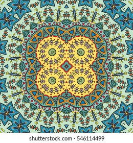 Decorative hand drawn seamless mandala pattern. Colorful abstract stylized floral doodle background. Tribal ethnic ornate decoration. Arabic, indian, turkish ornament. Geometric repeating texture