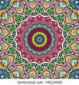 Decorative hand drawn seamless mandala pattern. Colorful abstract stylized floral doodle background. Tribal ethnic ornate decoration. Arabic, indian, turkish ornament. Geometric repeating texture