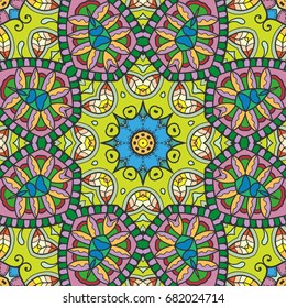 Decorative hand drawn seamless mandala pattern. Colorful abstract art, stylized floral doodle background. Tribal ethnic ornate decoration. Arabic, indian, turkish ornament. Vector repeating texture