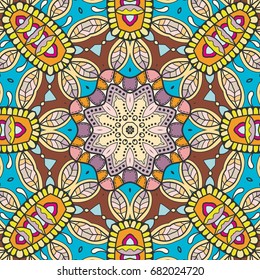 Decorative hand drawn seamless mandala pattern. Colorful abstract art, stylized floral doodle background. Tribal ethnic ornate decoration. Arabic, indian, turkish ornament. Vector repeating texture