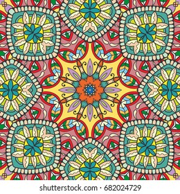 Decorative hand drawn seamless mandala pattern. Colorful abstract art, stylized floral doodle background. Tribal ethnic ornate decoration. Arabic, indian, turkish ornament. Vector repeating texture