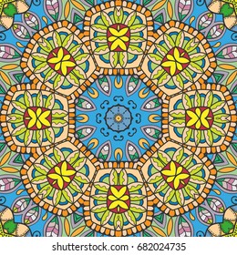 Decorative hand drawn seamless mandala pattern. Colorful abstract art, stylized floral doodle background. Tribal ethnic ornate decoration. Arabic, indian, turkish ornament. Vector repeating texture