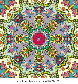 Decorative hand drawn seamless mandala pattern. Colorful abstract art, stylized floral doodle background. Tribal ethnic ornate decoration. Arabic, indian, turkish ornament. Vector repeating texture
