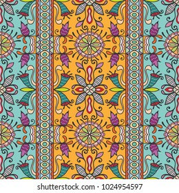 Decorative hand drawn seamless pattern. Colorful abstract art, stylized floral doodle background. Tribal ethnic ornate decoration. Arabic, indian, turkish ornament. Vector geometric repeating texture