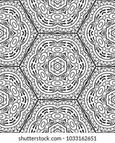 Decorative hand drawn seamless pattern. Black and white abstract line art, stylized floral background. Tribal ethnic ornate decoration. Arabic, indian, turkish ornament. Vector geometric sketch texure