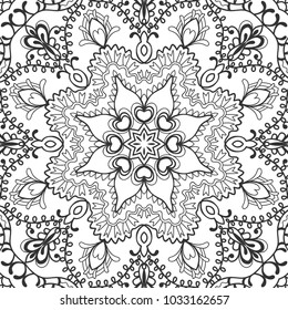 Decorative hand drawn seamless pattern. Black and white abstract line art, stylized floral background. Tribal ethnic ornate decoration. Arabic, indian, turkish ornament. Vector geometric sketch texure