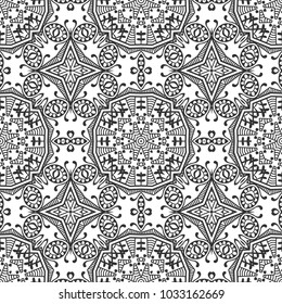 Decorative hand drawn seamless pattern. Black and white abstract line art, stylized floral background. Tribal ethnic ornate decoration. Arabic, indian, turkish ornament. Vector geometric sketch texure
