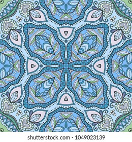 Decorative hand drawn seamless pattern. Colorful abstract art, stylized floral doodle background. Tribal ethnic ornate decoration. Arabic, indian, turkish ornament. Vector geometric repeating texture