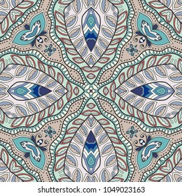 Decorative hand drawn seamless pattern. Colorful abstract art, stylized floral doodle background. Tribal ethnic ornate decoration. Arabic, indian, turkish ornament. Vector geometric repeating texture
