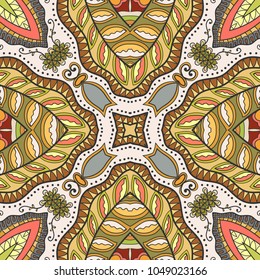 Decorative hand drawn seamless pattern. Colorful abstract art, stylized floral doodle background. Tribal ethnic ornate decoration. Arabic, indian, turkish ornament. Vector geometric repeating texture