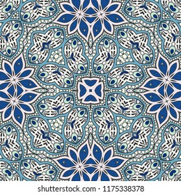 Decorative hand drawn seamless pattern. Colorful abstract art, stylized floral doodle background. Tribal ethnic ornate decoration. Arabic, indian, turkish ornament. Vector geometric repeating texture