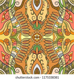 Decorative hand drawn seamless pattern. Colorful abstract art, stylized floral doodle background. Tribal ethnic ornate decoration. Arabic, indian, turkish ornament. Vector geometric repeating texture