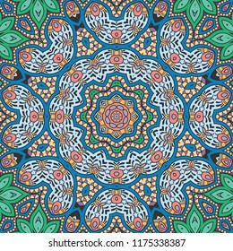 Decorative hand drawn seamless pattern. Colorful abstract art, stylized floral doodle background. Tribal ethnic ornate decoration. Arabic, indian, turkish ornament. Vector geometric repeating texture