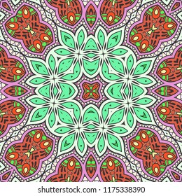 Decorative hand drawn seamless pattern. Colorful abstract art, stylized floral doodle background. Tribal ethnic ornate decoration. Arabic, indian, turkish ornament. Vector geometric repeating texture