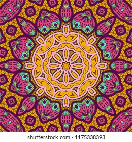 Decorative hand drawn seamless pattern. Colorful abstract art, stylized floral doodle background. Tribal ethnic ornate decoration. Arabic, indian, turkish ornament. Vector geometric repeating texture