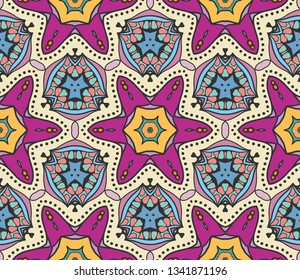 Decorative hand drawn seamless pattern. Abstract colorful floral geometric background, doodle artistic pattern. Tribal ethnic arabic, indian ornament. Textile fabric or paper print