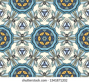 Decorative hand drawn seamless pattern. Abstract colorful floral geometric background, doodle artistic pattern. Tribal ethnic arabic, indian ornament. Textile fabric or paper print