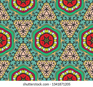 Decorative hand drawn seamless pattern. Abstract colorful floral geometric background, doodle artistic pattern. Tribal ethnic arabic, indian ornament. Textile fabric or paper print