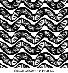 Decorative hand drawn seamless pattern. Endless ornament with black ink doodles on white backdrop. Hand painted stylish background for fabric, wrapping, packaging paper, wallpaper