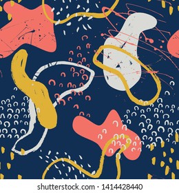 Decorative hand drawn seamless pattern. Endless ornament with colorful ink doodles on indigo backdrop. Hand painted stylish background for fabric, wrapping, packaging paper, wallpaper