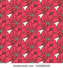 Decorative hand drawn seamless pattern vector of red flower Poinsettia. Floral doodle illustration for Women's Day, room wall, greeting card, invitation, wallpaper, wrapping paper, packaging.