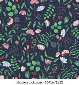 Decorative hand drawn seamless pattern vector of flowers, branches, leaves and berries. Abstract colored floral doodle illustration for design cards, invitations, wallpaper, wrapping paper, packaging